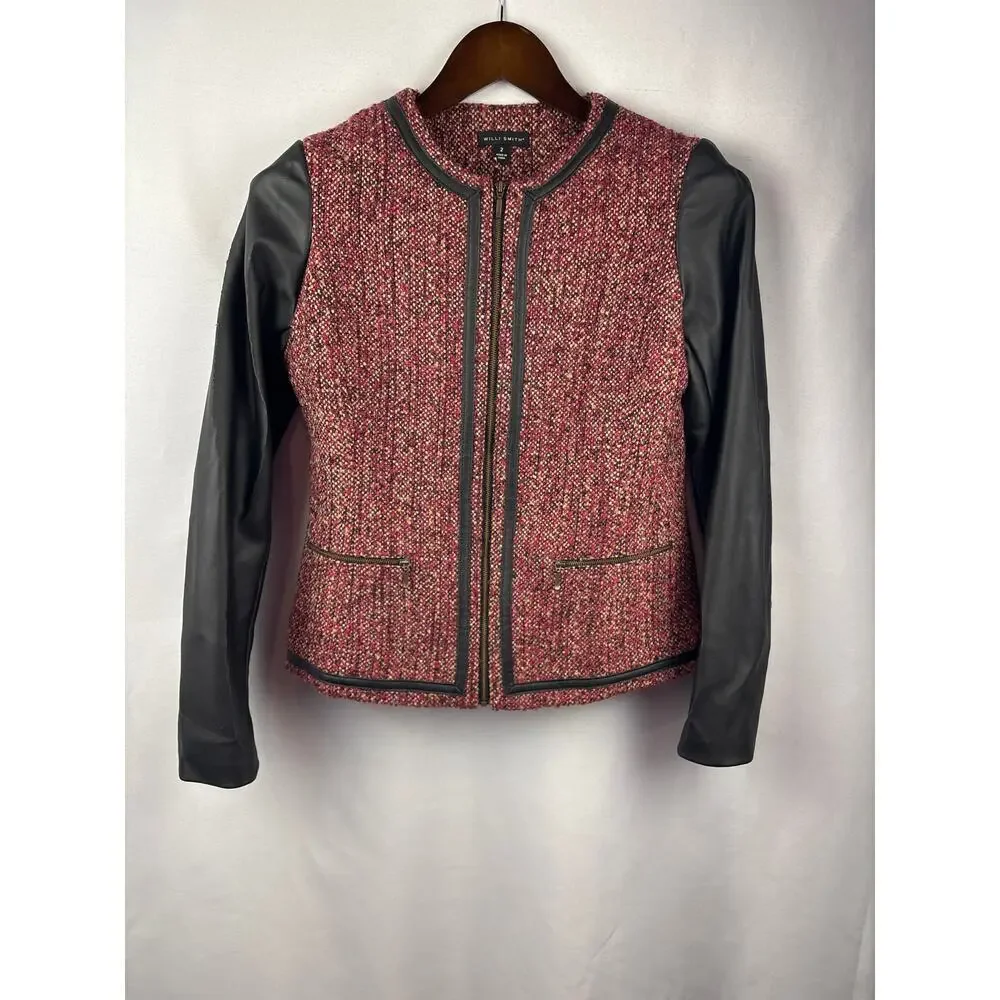 Women’s Willi Smith Size 2 Red & Black Tweed & Leather Jacket